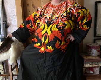 Black cotton Celtic caftan with orange flame design