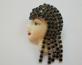 Vintage hand painted porcelain lady 39 s head brooch, ladies head with black rhinestones, 1920 39 s flapper style