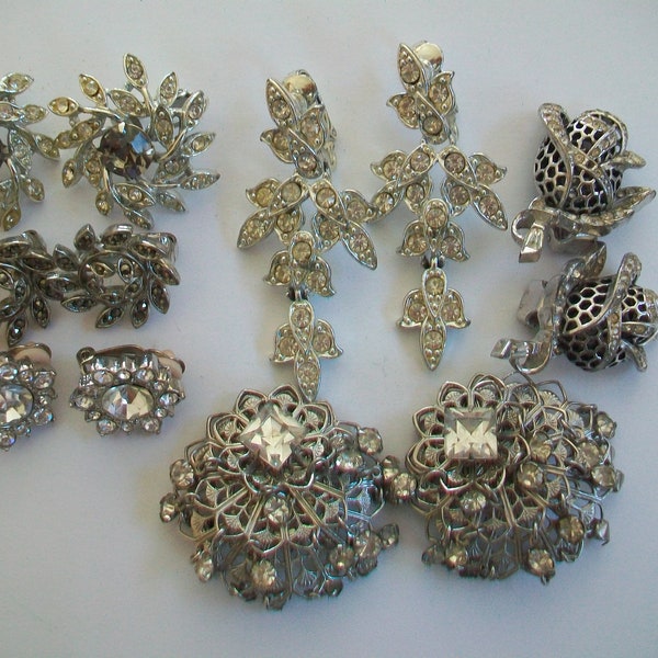 Vintage rhinestone earring lot, clip earrings, jewelry lot, starburst clips, wearable earring lot, clear rhinestones clips