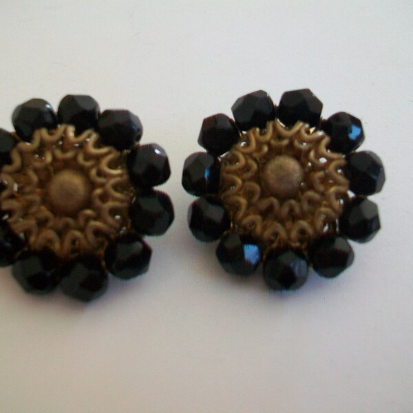 Vintage Miriam Haskell clip earrins, black crystal and brass, signed designer