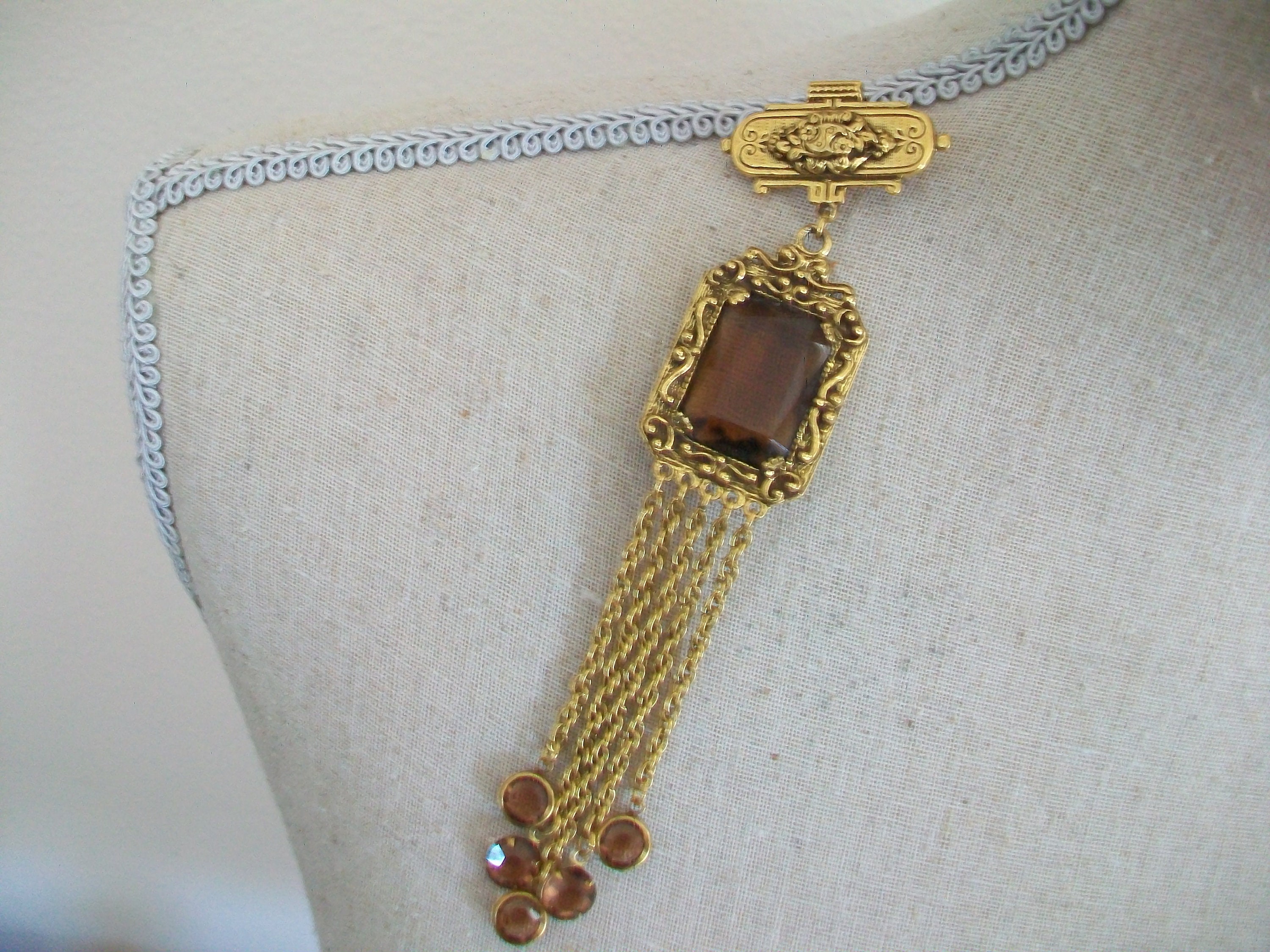 Goldette Bib Necklace Massive Topaz Glass Bezel Set Stones Fringe Necklace Retro Jewelry Statement