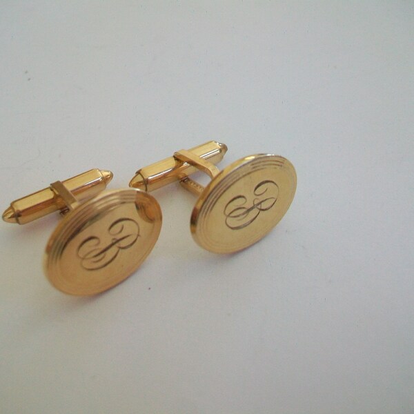 Vintage Krementz gold fill cuff links, monorammed B, initialed, oval, signed