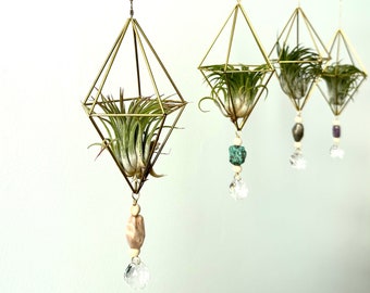 Suncatcher Air Plant Himmeli Gemstone Charm Mobile.  Geometric Hanging Plant Suncatcher. Air Plant Holder. Sun Catcher Crystal. Housewarming