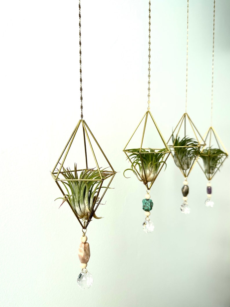 Suncatcher Air Plant Himmeli Gemstone Charm Mobile. Geometric Hanging Plant Suncatcher. Air Plant Holder. Sun Catcher Crystal. Housewarming image 1