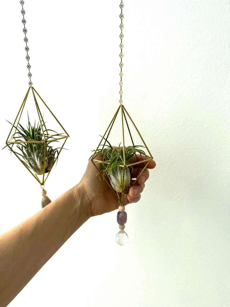 Suncatcher Air Plant Himmeli Gemstone Charm Mobile. Geometric Hanging Plant Suncatcher. Air Plant Holder. Sun Catcher Crystal. Housewarming image 5