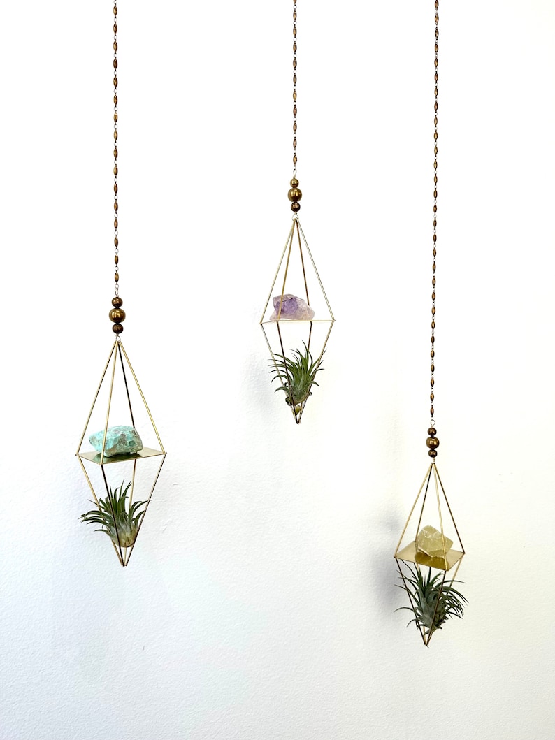 Small Brass Crystal Shelf Himmeli Geometric Mobile. Air Plant Hanger Modern Decor. Christmas Gift. Hanging Crystals. Hanging Shelf image 1