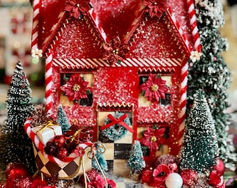 Red black and white Christmas glitter house with sleigh