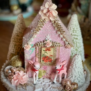 Pink cutie Christmas glitter house with adorable deer