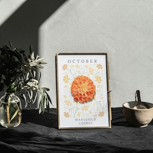 Oktober Geburtsblumen Wandkunst - Ringelblume & Kosmos Poster - Herbst Botanischer Digitaldruck - Minimalistisches Geburtstagsgeschenk zum Ausdrucken