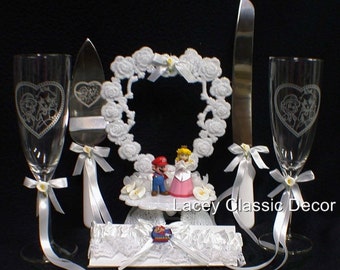 SUPER Mario brother Video Game Wedding Cake Topper LOT Toasting Glasses. Knife .Server Set and garter