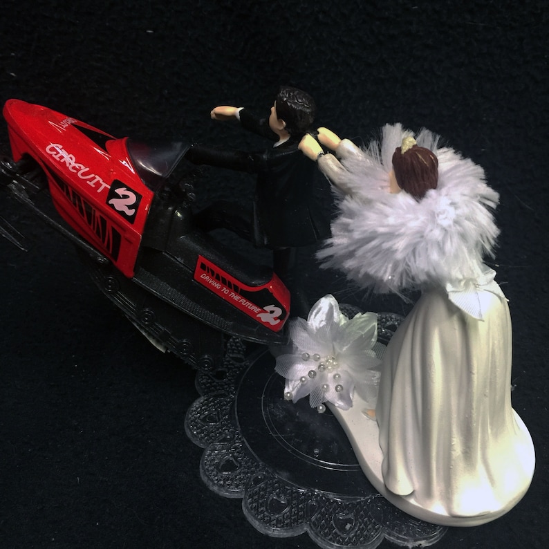 Winter Wonderland Sport SNOWMOBILE Wedding Cake Topper FUNNY ICE Snow Groom top Bride draging her groom image 2