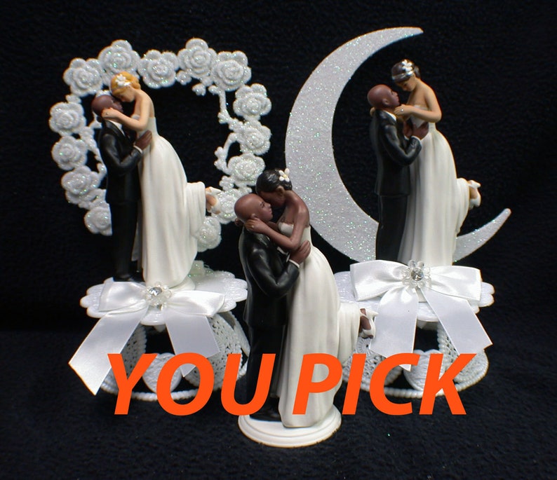 sexy Bald African-American Groom Wedding Cake Topper PICK Caucasian or Black Bride Interracial blond or brown hair image 1