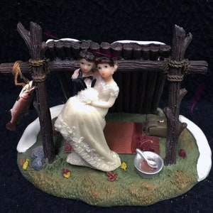Woodland Lean-To Camping Fishing hunting  Lake beach Cabin Wedding Cake Topper Groom top Funny Beach  Nature Hunter Fish