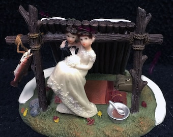 Woodland Lean-To Camping Fishing hunting  Lake beach Cabin Wedding Cake Topper Groom top Funny Beach  Nature Hunter Fish