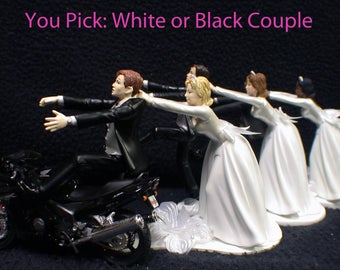 Motorcycle Wedding Cake Topper W/ Black Honda Bike Motorcycle Groom Top White Blond, Brown Hair Bride. Black African American Hispanic