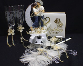 LASSO of LOVE Country Western Wedding Cake Topper LOT Bride and Groom Glasses Knife Server set Funny Barn Top (book not included)