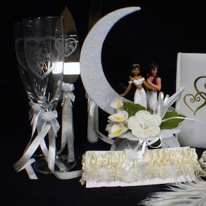 Aladdin & Jasmin Wedding Cake Topper LOT Glasses, Knife, Server , Garter Sweet Romantic