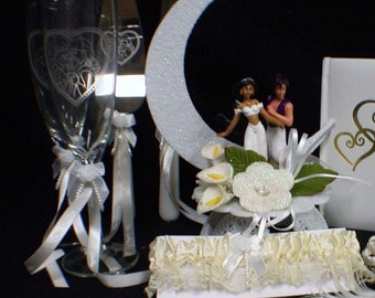 Aladdin & Jasmin Wedding Cake Topper LOT Glasses, Knife, Server , Garter Sweet Romantic