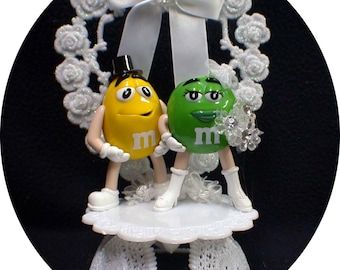 Wedding Cake topper with Cute Mr Yellow, Red or Blue and Mrs Green MM figure M&M candy funny