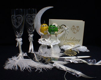 M&M and M candy Wedding Cake topper Lot Glasses knife Server Guest book Garter