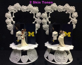 U Of M University of Michigan Wolverines NCAA Football Wedding Cake Topper Funny Groom top Foot Ball Fan Sports White ,Hispanic / African