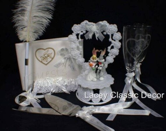 Bugs Bunny Wedding Cake Topper Glasses server set Book LOT Looney Tune groom top 