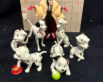 7 Piece 101 Dalmatian puppy’s, dogs, Crimilla minature Christmas Tree Ornament