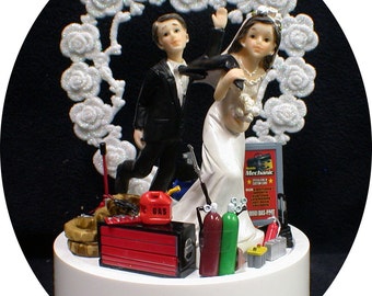 Heart Car AUTO MECHANIC Wedding Cake Topper Bride Groom top Tool Box FUNNY Racing Garage Nas car racing