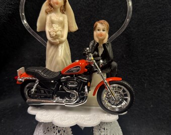 Bike Motorcycle Wedding Cake Topper W/ Sexy RED Harley Davidson Groom top Bike