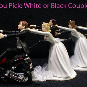 Motorcycle Wedding Cake Topper W/RED Honda Bike Motorcycle Groom Top White Blond, Brown Hair Bride.