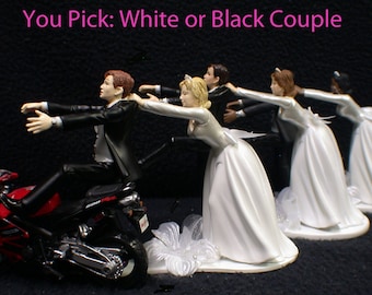 Motorcycle Wedding Cake Topper W/RED Honda Bike Motorcycle Groom Top White Blond, Brown Hair Bride.