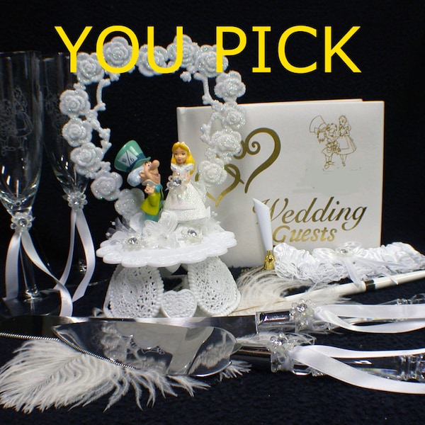 Alice in Wondeland Madhatter Wedding Theme Cake Topper or Glasses and Cake Knife and Server set . Groom top It's ABout Time