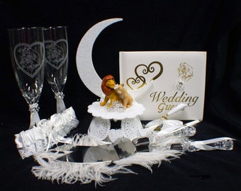 Lion King DISNEY Wedding Cake Topper LOT Toasing Glasses server Knife set