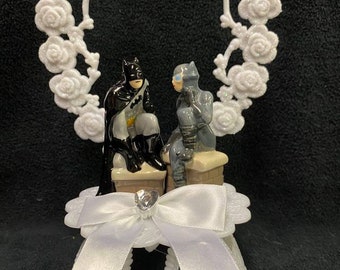 SEXY Batman Black suit with bride   D.C. Comic Wedding Cake Topper Super Hero groom top Heart backdrop