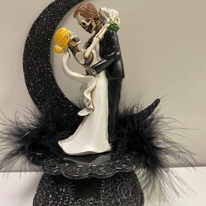 Blonde Day of the DEAD Halloween Wedding Cake Topper Funny Skeleton Bride Groom top heart OR Glasses or knife or Book