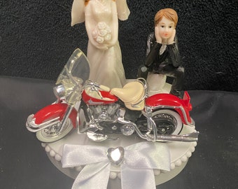 Sweet w/ Harley Davidson Motorcycle Bike Wedding Cake Topper Groom Top Centerpiece Classic red