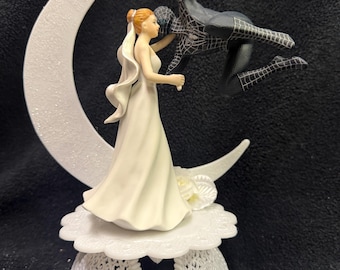 Spiderman Spider-Man in black suit super Hero Wedding Theme beautiful detailed  porcelain bride Groom top Cake Topper
