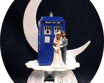 You  PICK African American Black  Bride & Groom Wedding Cake Topper w/ DR. Who Doctor TARDIS phone booth funny top