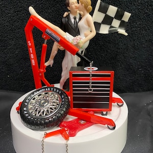 Engine Car AUTO MECHANIC tools Wedding Cake Topper Bride & Groom top tire FUNNY Racing Time to go