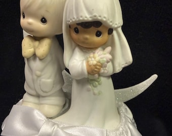 interracial Black Hispanic Bride, White Groom  wedding Cake Topper Precious moments,  Groom Top sweet Bride Figurine.