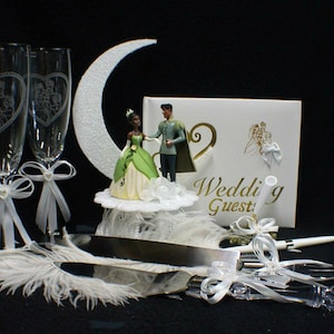 Süße Disney Prinzessin Tiana & Prince, Frösche Hochzeitstorte Topper African- American braut Cake Top WEISS (Gästebuch Sold Out)
