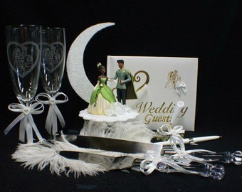 Sweet Disney Princess Tiana & Prince,  frogs Wedding Cake Topper African- American bride  Cake Top  WHITE ( Guest book Sold Out)