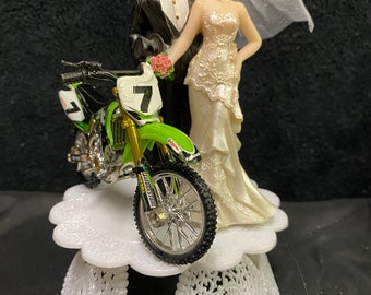 Motorcycle Wedding Cake Topper Green kawasaki dirt Bike Motorcycle Groom Top off road Track Blond, Brown Hair Bride.