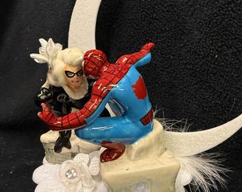 Spiderman Spider-Man vs Cat Women super Hero Wedding Theme Blond bride Groom top U PICK Cake Topper or Glasses, server set