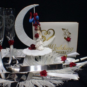 SPIDERMAN Wedding Cake topper LOT toasting glasses knife server set funny super hero image 1