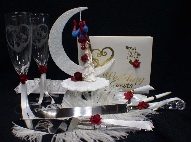 SPIDERMAN Wedding Cake topper LOT toasting glasses knife server set funny super hero image 1