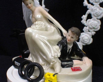 Car AUTO MECHANIC tools Wedding Cake Topper Bride & Groom top tire FUNNY Racing Time to go