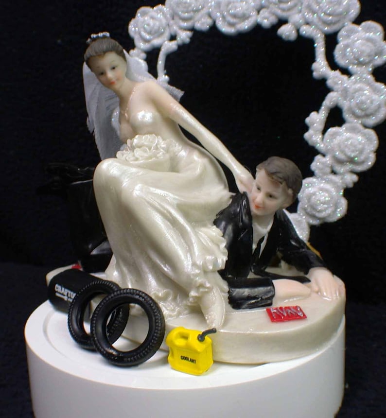 Car AUTO MECHANIC tools Wedding Cake Topper Bride & Groom top tire FUNNY Racing Time to go image 1