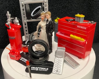 Car AUTO MECHANIC Wedding Cake Topper Bride & Groom Tool Box FUNNY Racing Tire Garage