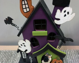 Haunted Halloween Wood House Purple or Black Wedding Cake Topper Groom top Funny Ghost Bats Pumpkin Spiders Scary
